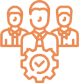 A stylized image of three people and an orange gear.