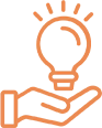 A picture of an orange light bulb with hands.